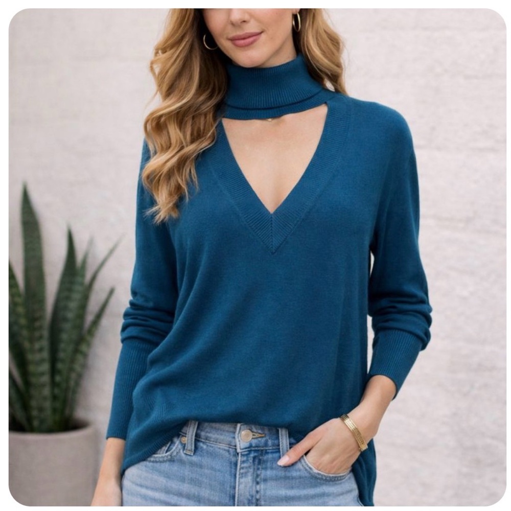 Tome NYC Merino Wool Blend Cutout Turtleneck Sweater | Blue Long Sleeve Size S